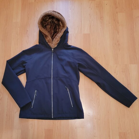Women's Black Marmot Full Zip Soft Shell Hooded Jacket With Faux Fur Trim - L - Picture 1 of 7